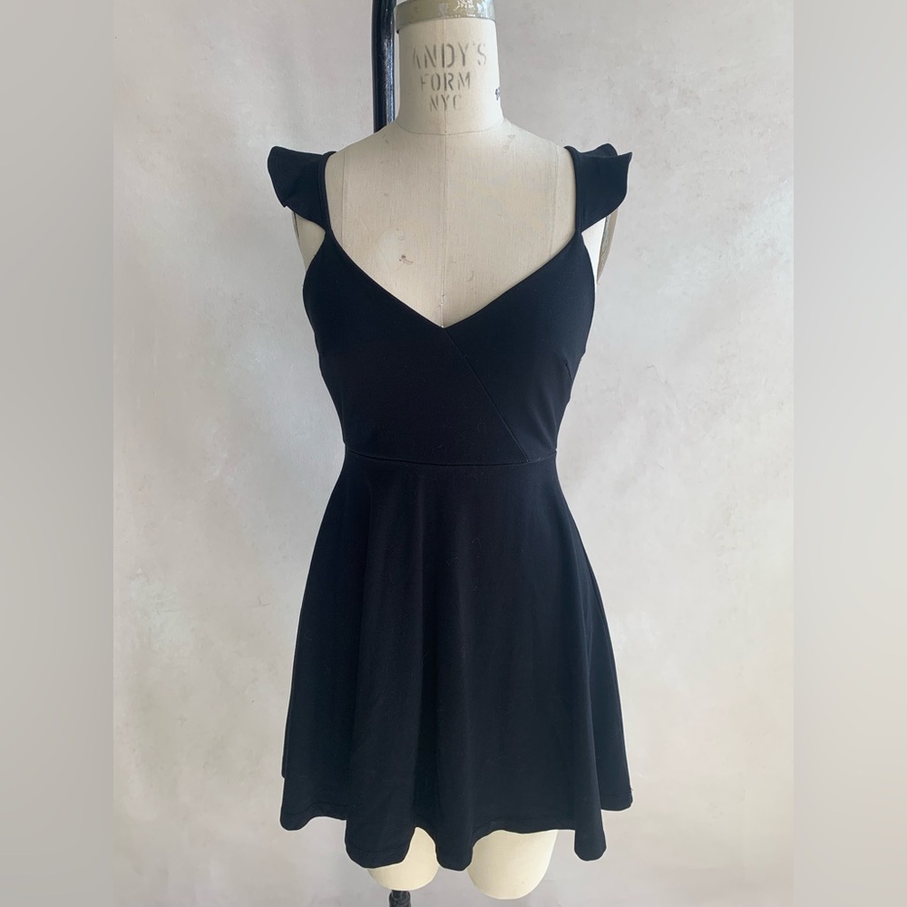 Lulu's Black Fit and Flare Mini Dress with Flutter Cap Sleeve detail
